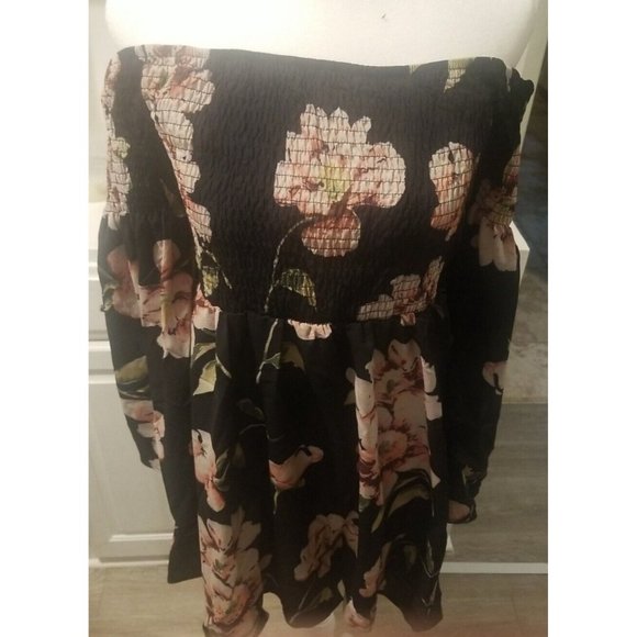 ONEYIM Women's Mini Dress Sz L Floral Long Sleeve Off Shoulder Casual - Picture 3 of 4